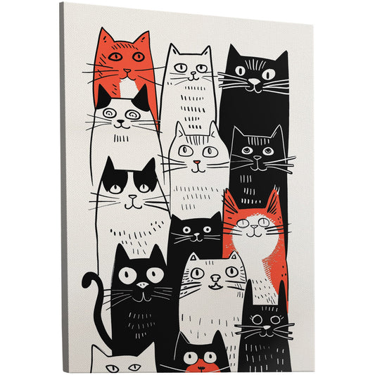 Black, White and Red Stylized Cats Drawing - Curious Cats in Cartoon Daydreams