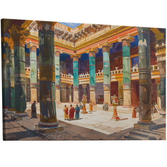 Minoan inspired gouache painting of a grand palace in Charles Dana Gibson style. Handmade on high-quality materials