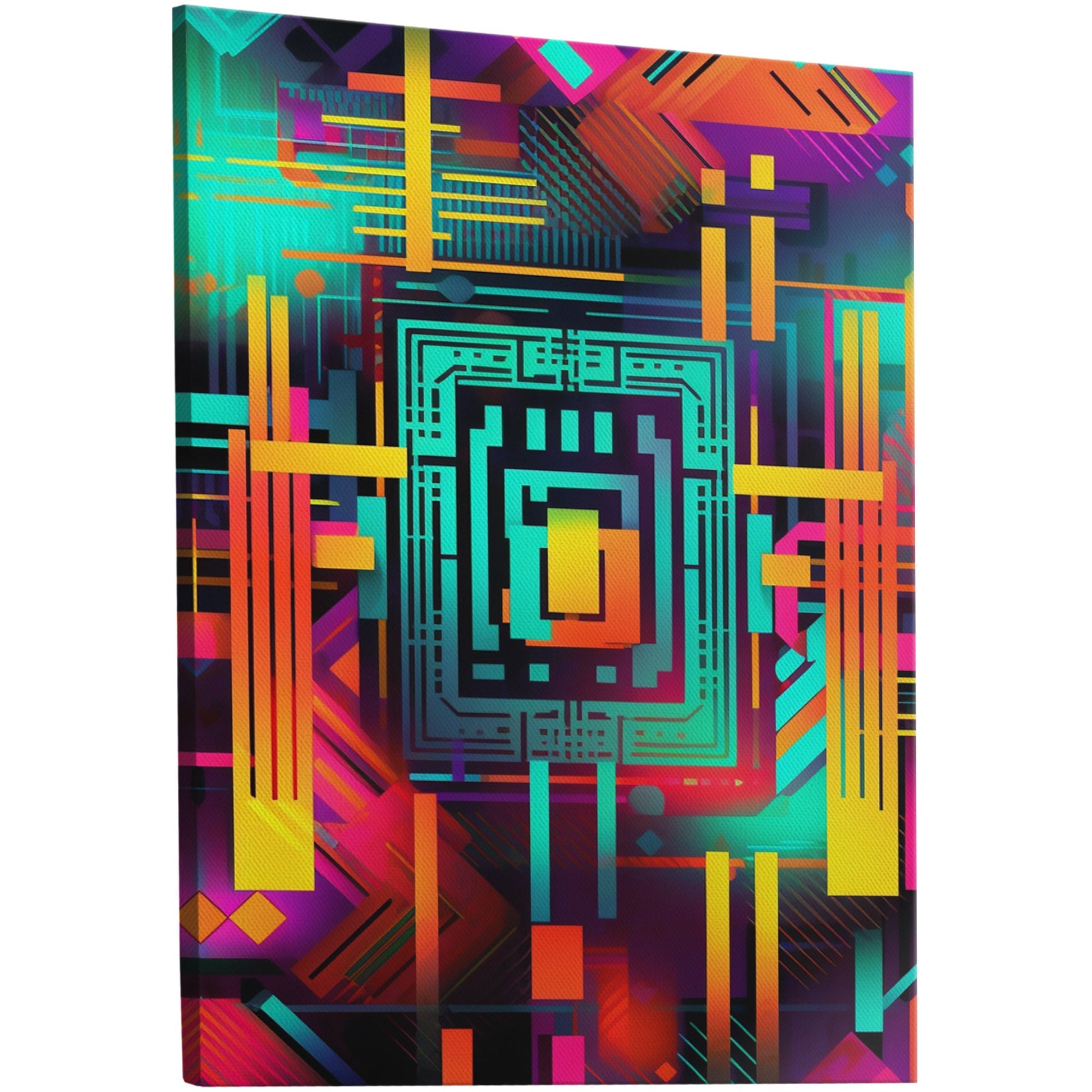 Vibrant futuristic neon geometric wall art bursting with bright colors and intricate patterns