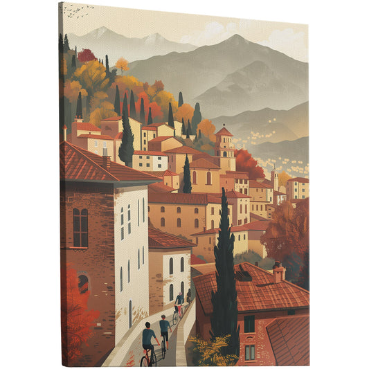 Enchanting Italian cityscape wall art with minimalist illustration of old city and mountains