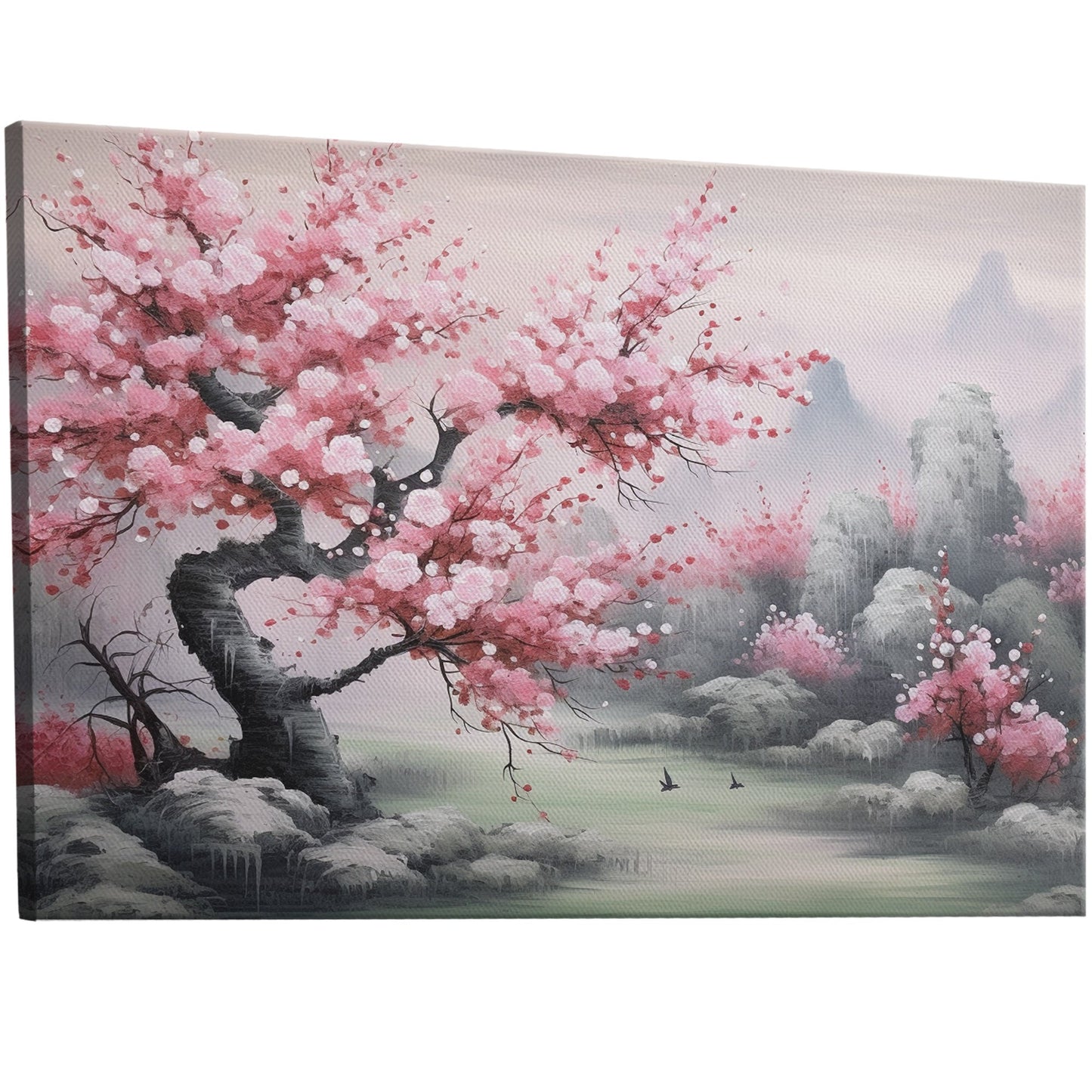 Watercolor wall art of blooming cherry blossoms in a serene Japanese garden