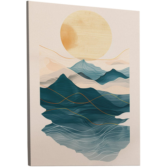 Abstract wall art featuring ocean waves, mountains, and sun - Tranquil Nature Revival