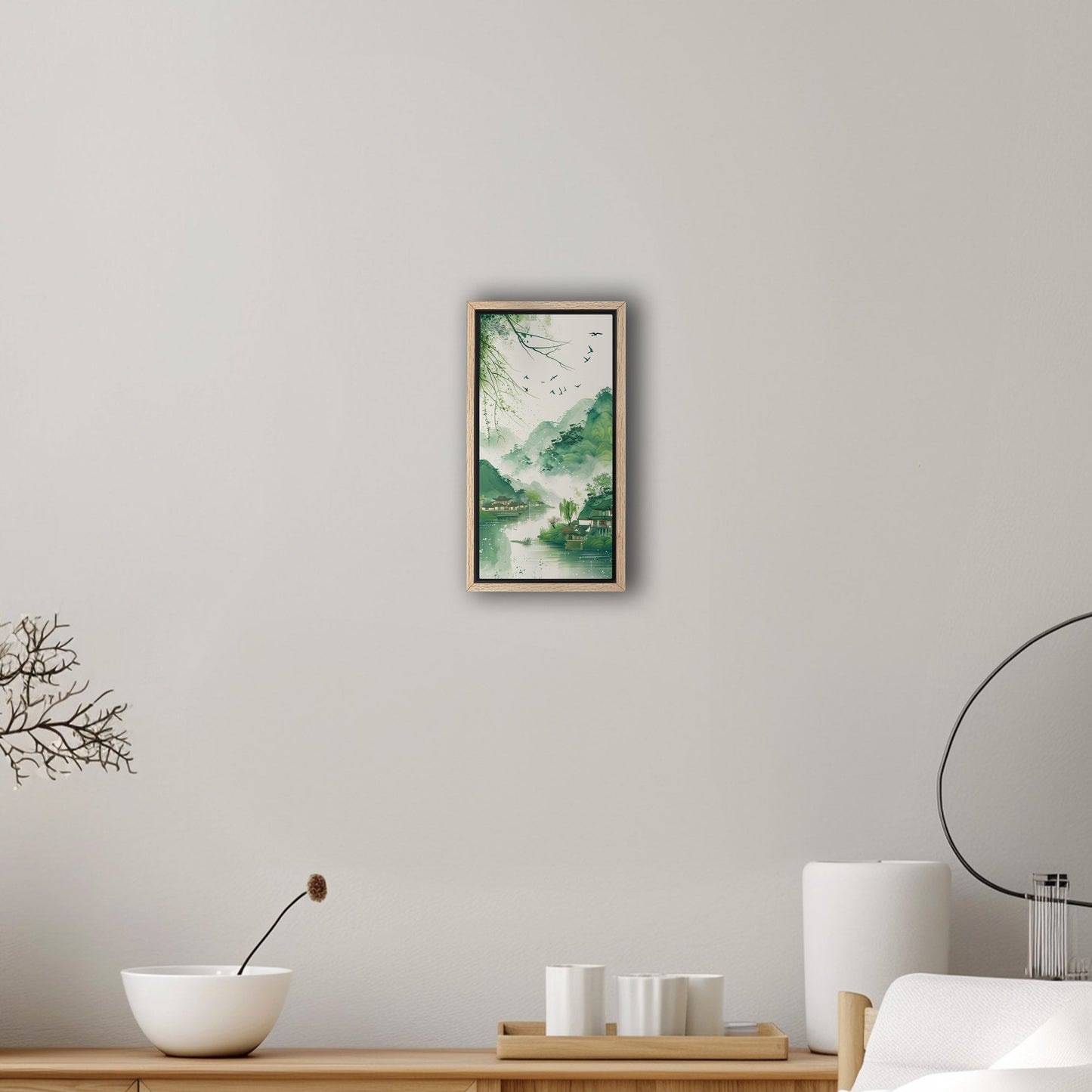 Enchanting spring scenery with green mountains and swallows flying above houses on riverbank, in traditional Chinese ink painting style - Serene Mountain Retreat