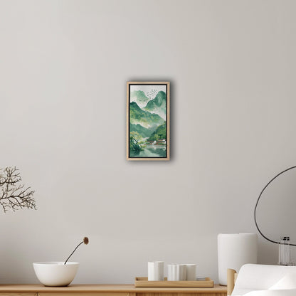 Asian Landscape watercolor with village and green mountains - Ethereal Spring Whispers