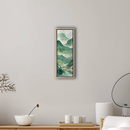 Asian Landscape watercolor with village and green mountains - Ethereal Spring Whispers