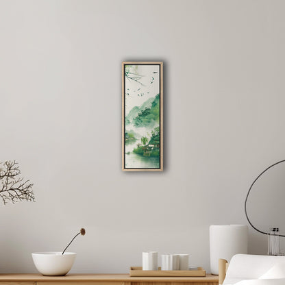 Enchanting spring scenery with green mountains and swallows flying above houses on riverbank, in traditional Chinese ink painting style - Serene Mountain Retreat