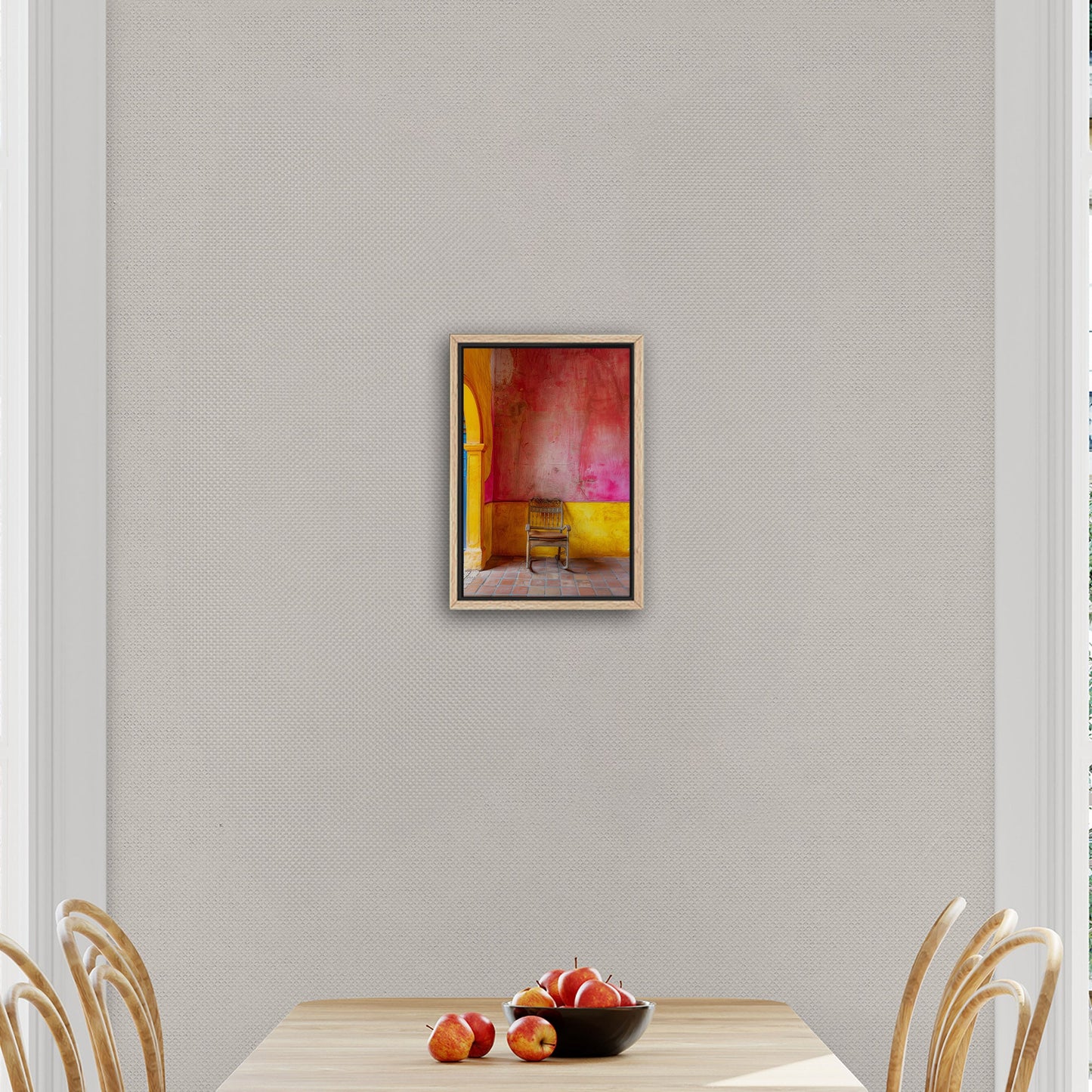 Old Wooden Chair Against a Textured Wall - Vibrant Still Life