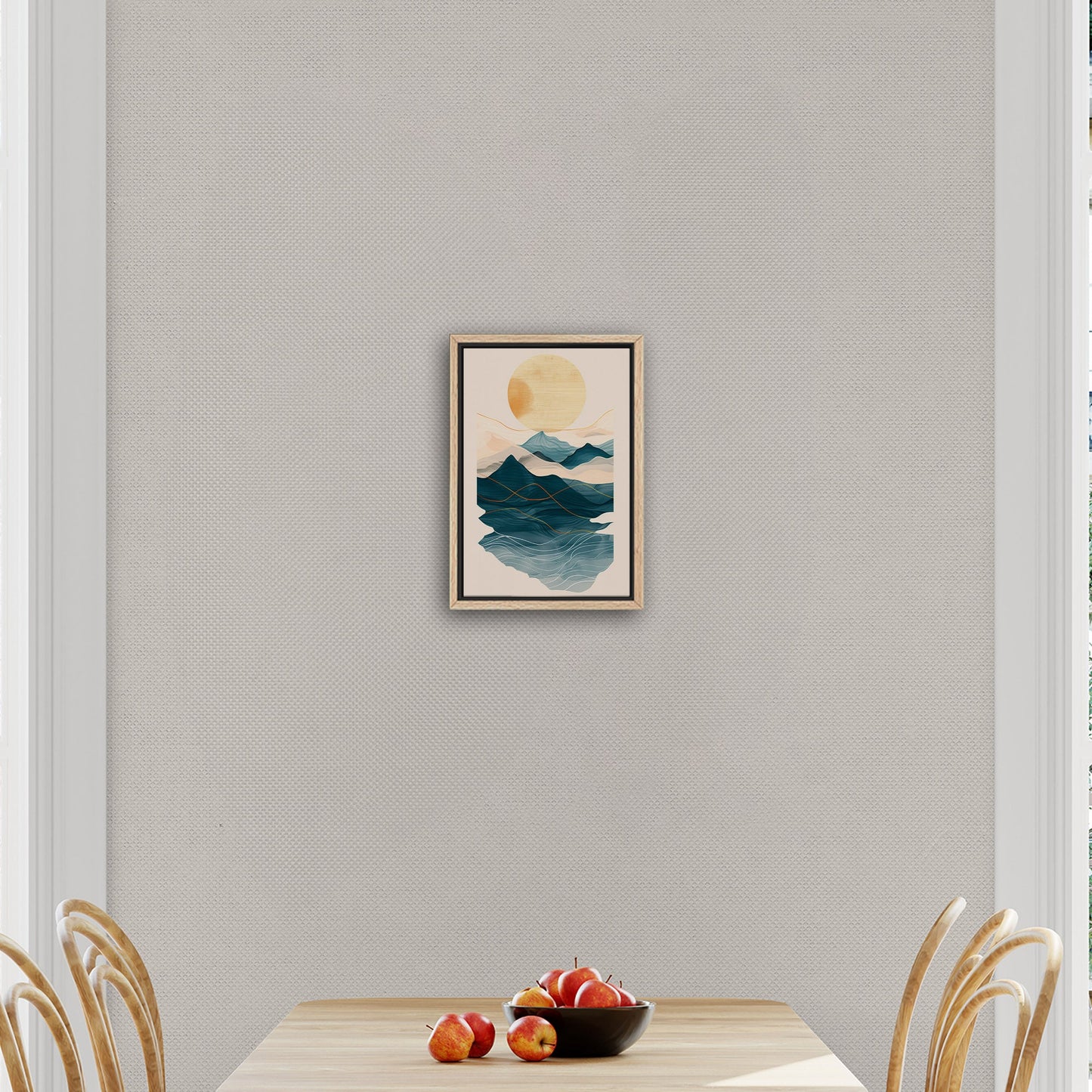 Abstract wall art featuring ocean waves, mountains, and sun - Tranquil Nature Revival