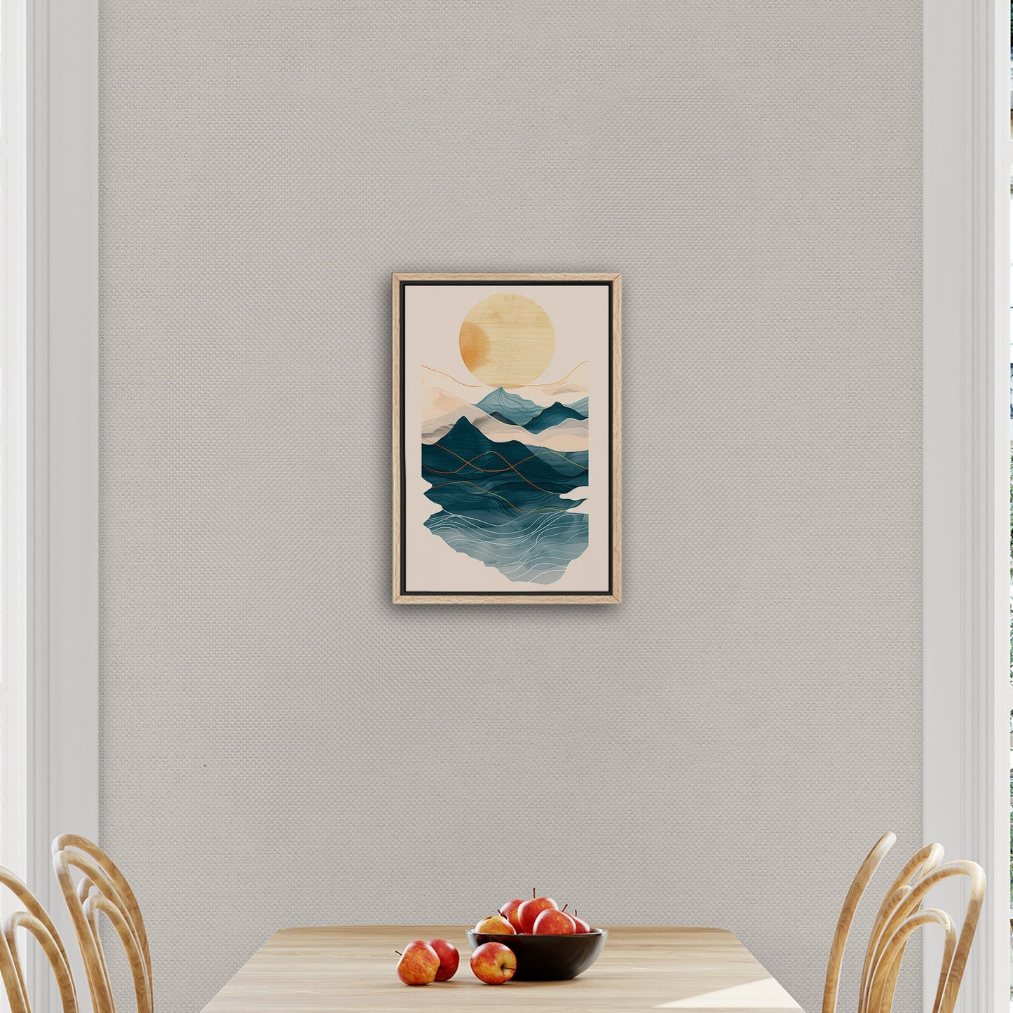 Abstract wall art featuring ocean waves, mountains, and sun - Tranquil Nature Revival