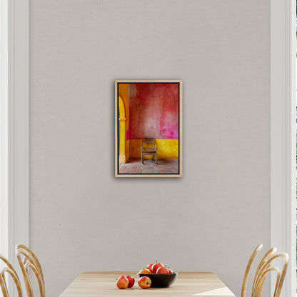 Old Wooden Chair Against a Textured Wall - Vibrant Still Life