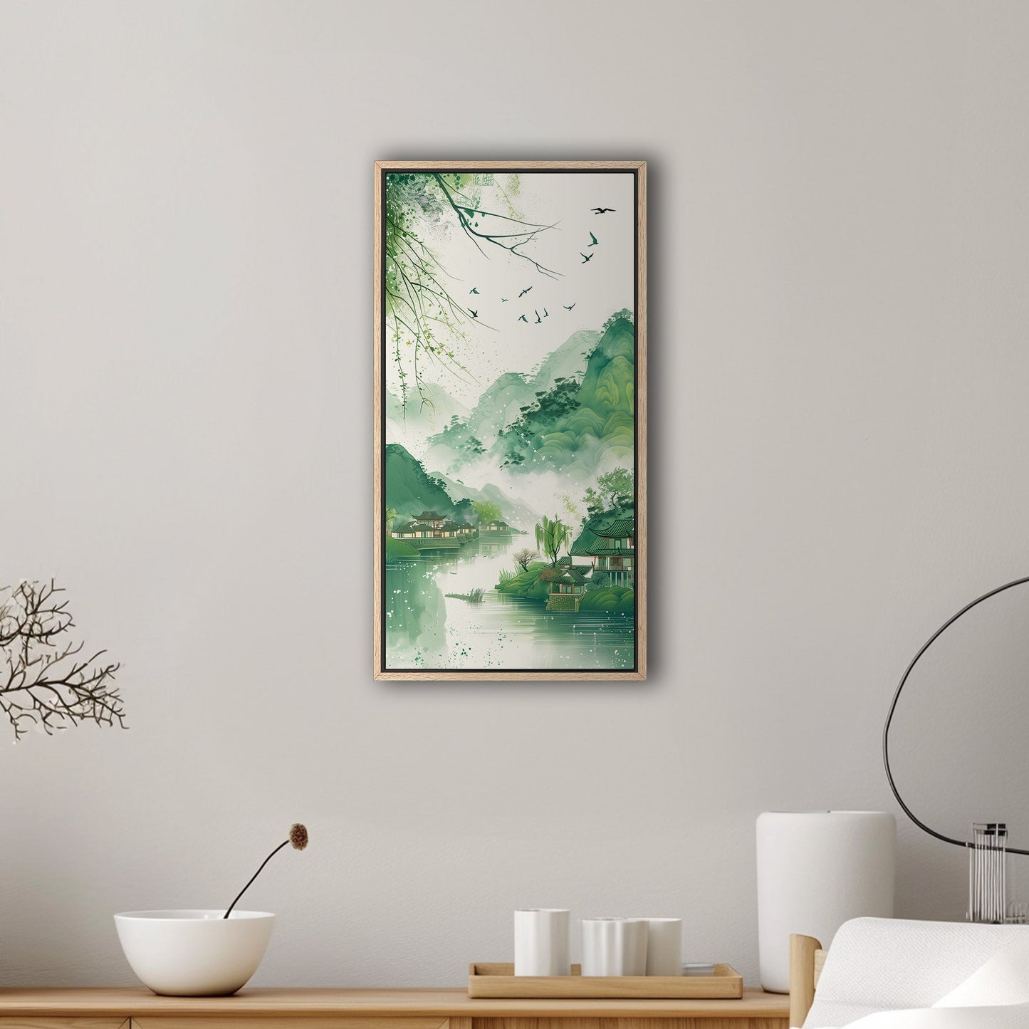 Enchanting spring scenery with green mountains and swallows flying above houses on riverbank, in traditional Chinese ink painting style - Serene Mountain Retreat