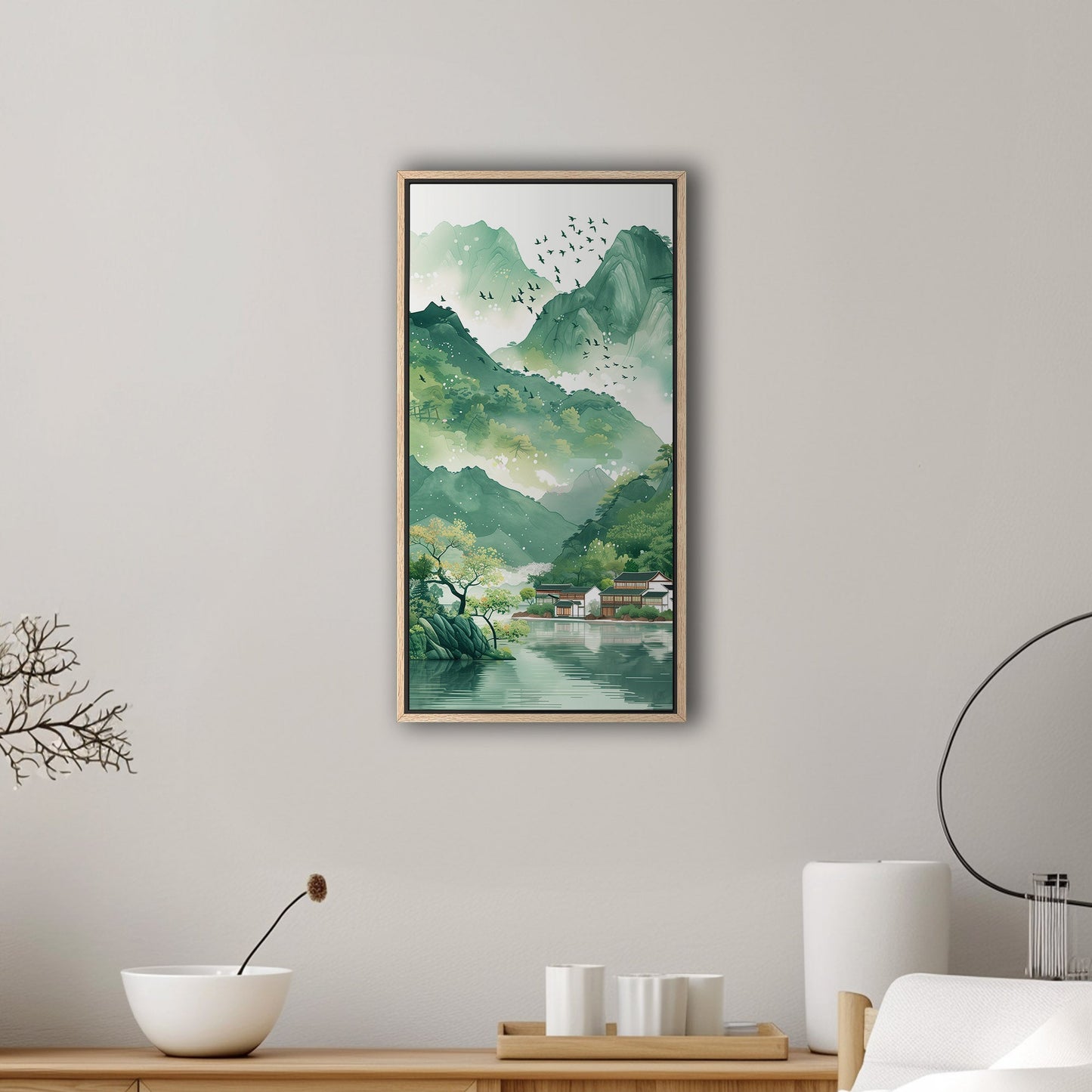 Asian Landscape watercolor with village and green mountains - Ethereal Spring Whispers