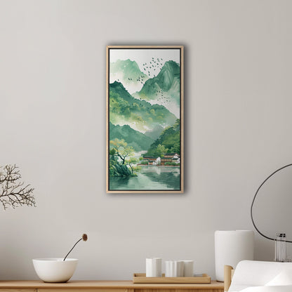 Asian Landscape watercolor with village and green mountains - Ethereal Spring Whispers