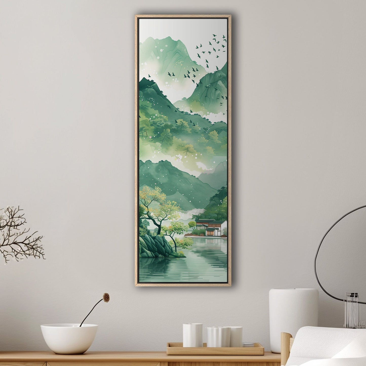 Asian Landscape watercolor with village and green mountains - Ethereal Spring Whispers