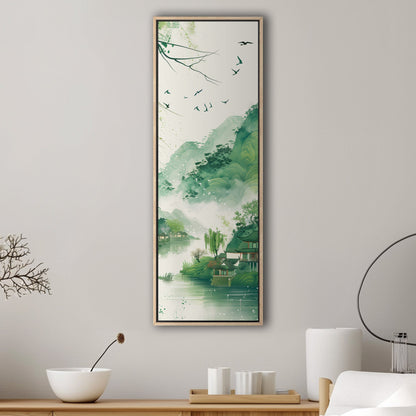 Enchanting spring scenery with green mountains and swallows flying above houses on riverbank, in traditional Chinese ink painting style - Serene Mountain Retreat