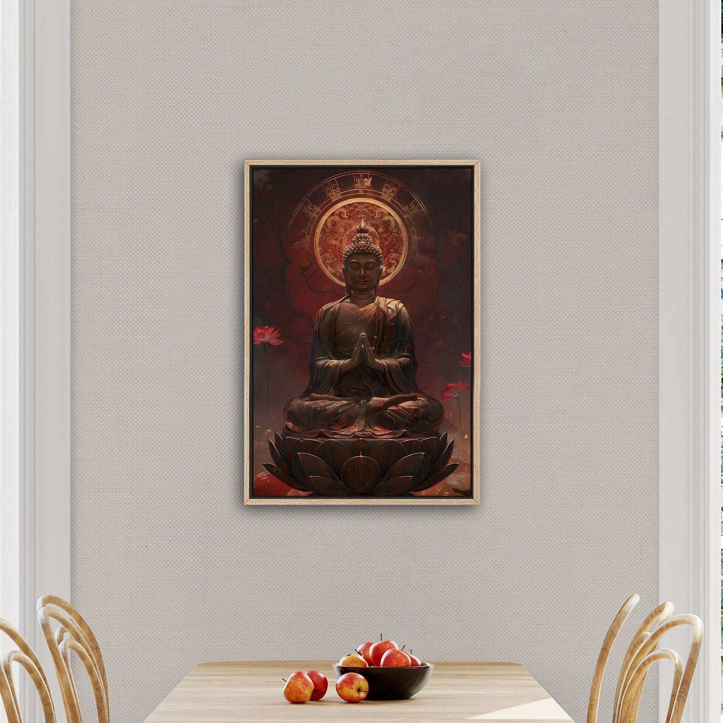 Buddha Statue in Lotus Position, Red Hues - Serene Ascension