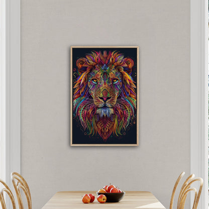 Multicolor Vibrant Digital Drawing of Majestic Lion Face - Lion's Vibrant Mandala Dance