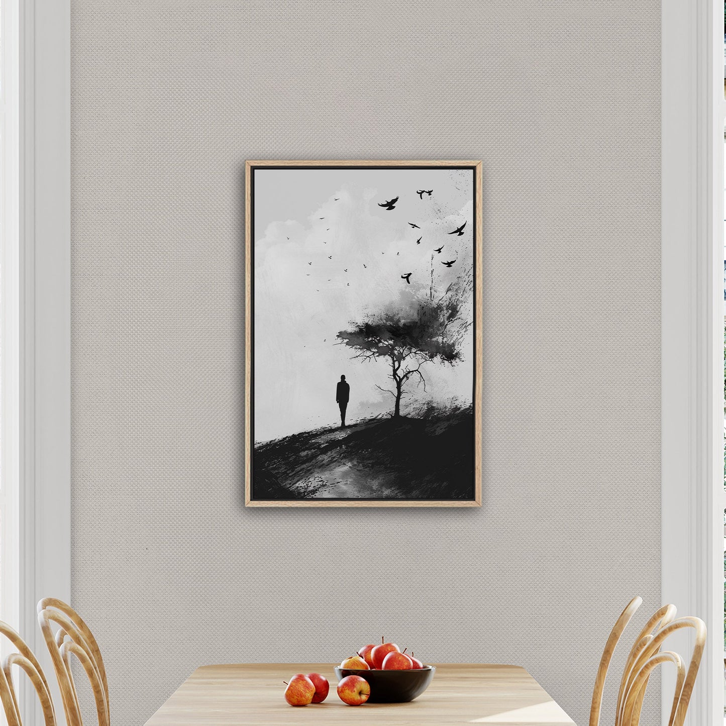 Painting of Silhouetted Man by a Tree with Blackbirds- Elegance in Monochrome