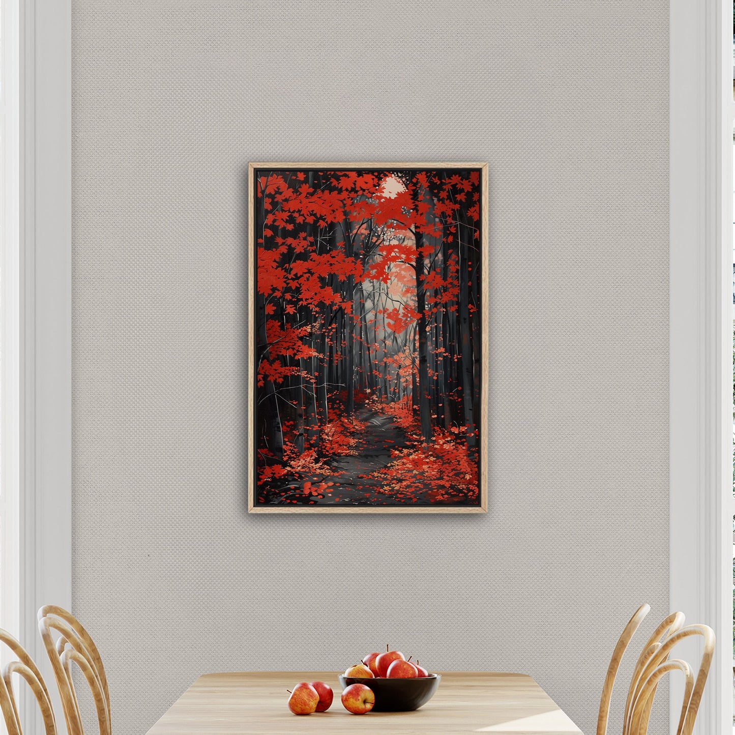 Japanese red maple grove, golden rays, handmade - Elevate Your Space