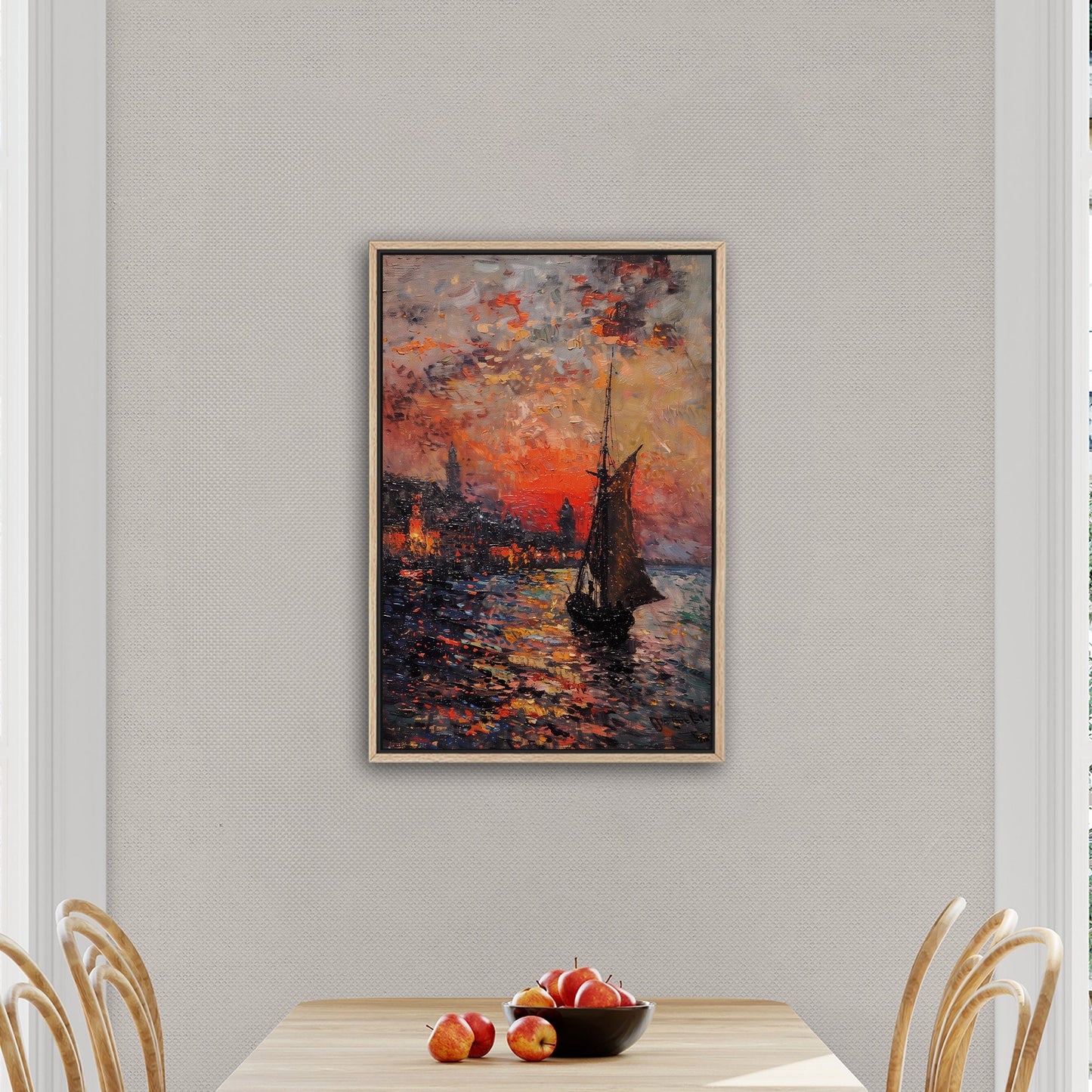 Impressionist Landscape of Sailboat Arriving at a Town - Sunset Dreams Over Lisbon Skyline Monetized