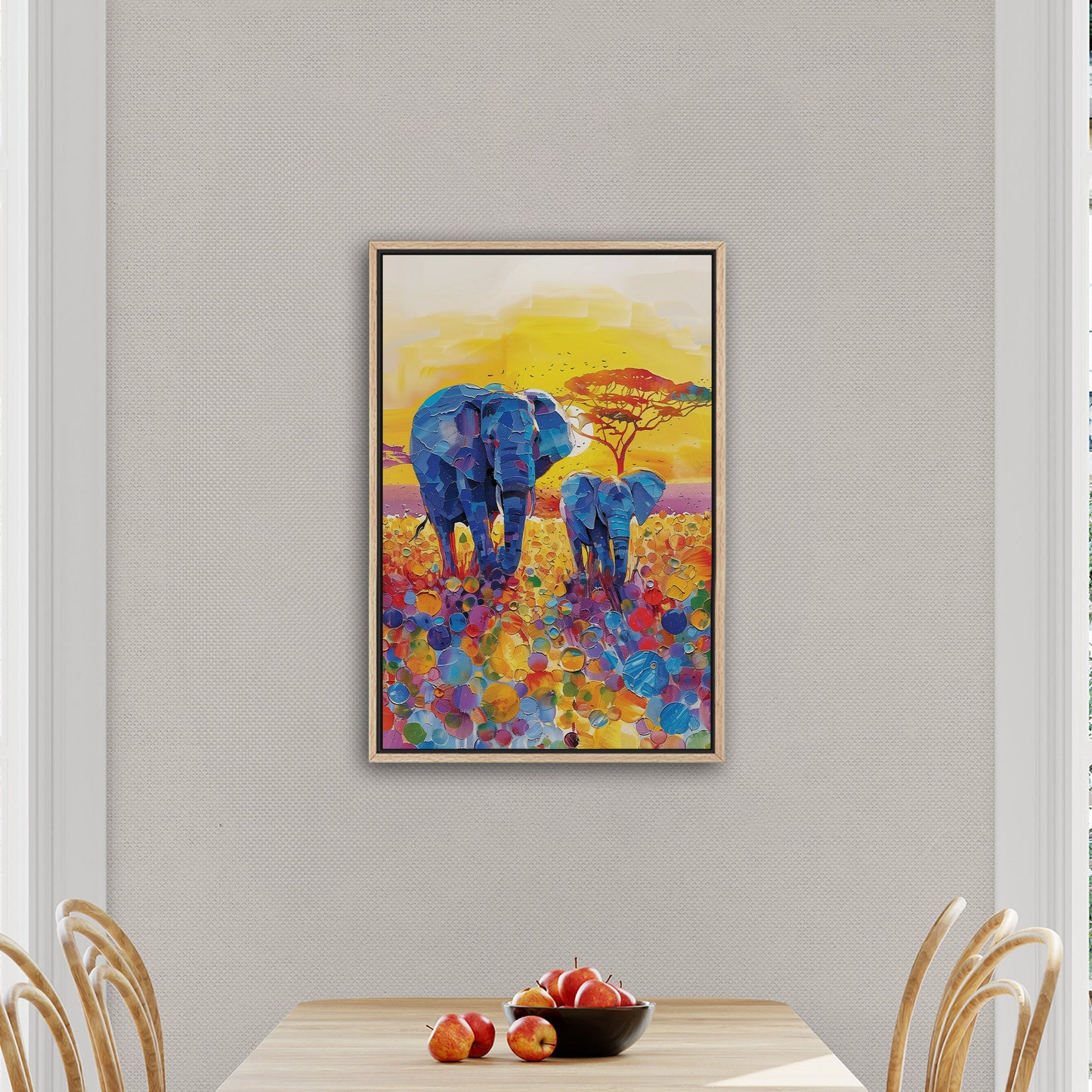 Impressionist Elephant with Child Wandering the Sahara - Elephant Bonding at Sunset