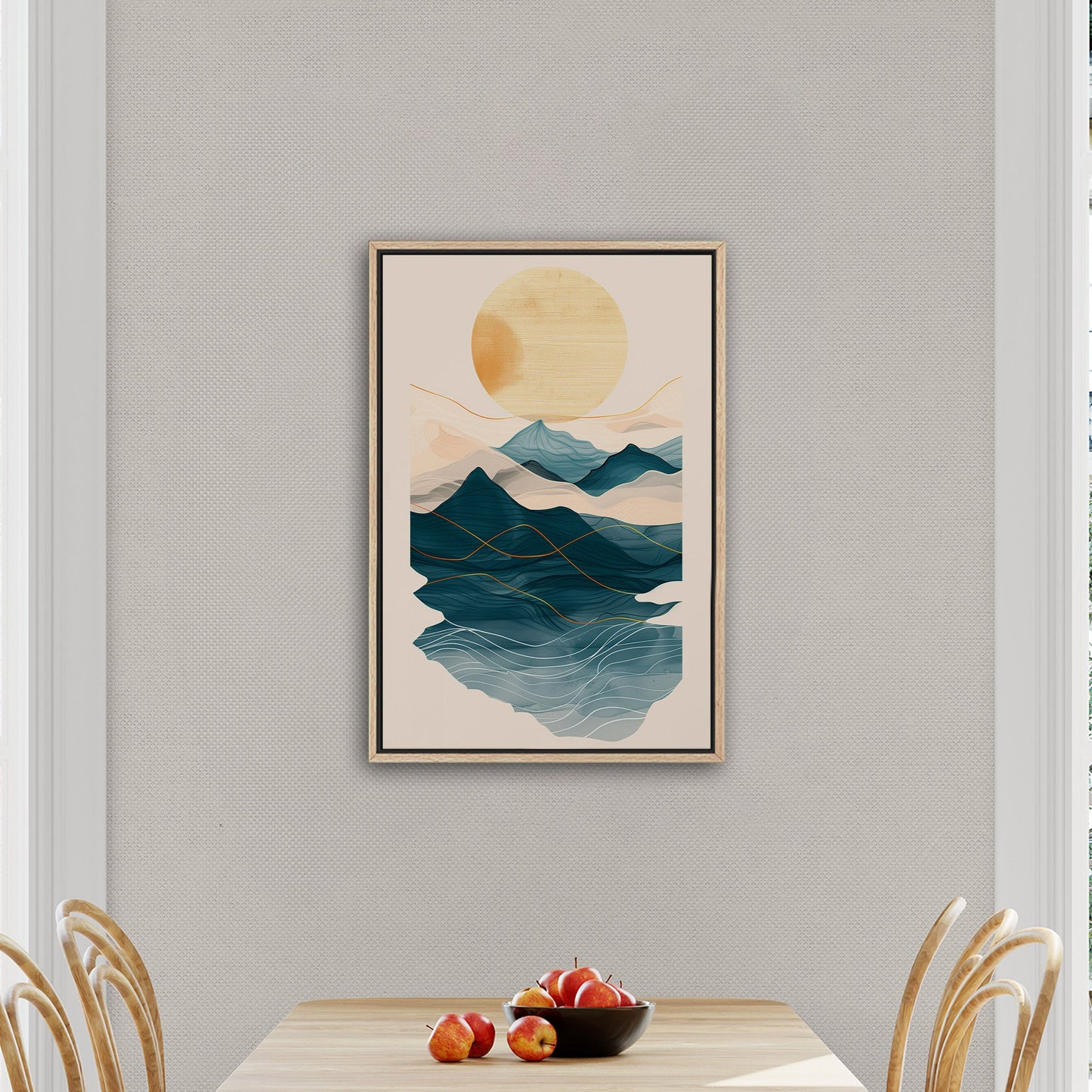 Abstract wall art featuring ocean waves, mountains, and sun - Tranquil Nature Revival