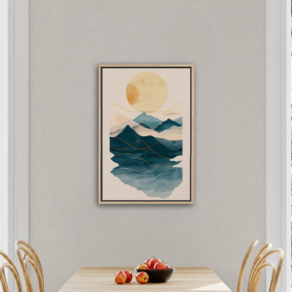 Abstract wall art featuring ocean waves, mountains, and sun - Tranquil Nature Revival