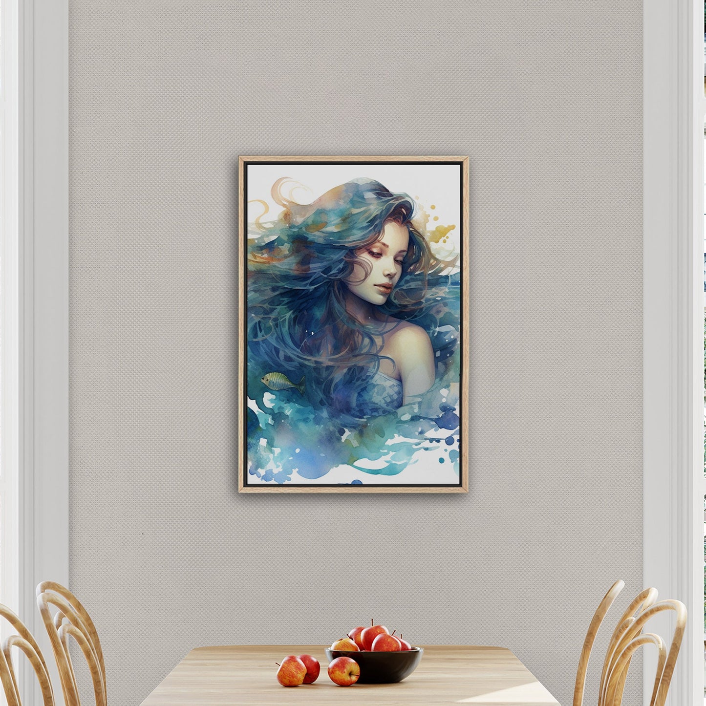 Watercolor Mermaid Portrait in Blue - Enchanting Mermaid's Mystical Underwater Dance