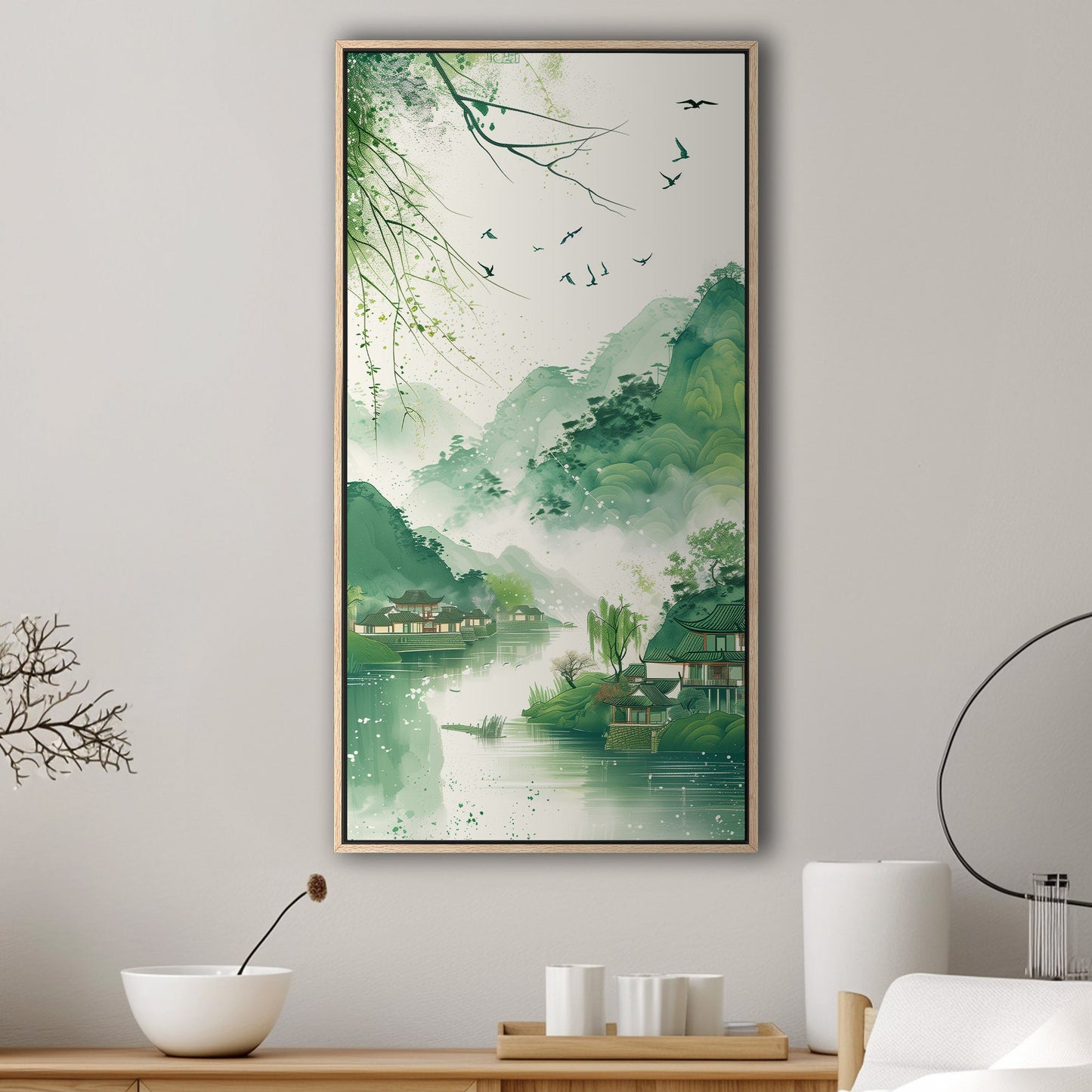 Enchanting spring scenery with green mountains and swallows flying above houses on riverbank, in traditional Chinese ink painting style - Serene Mountain Retreat