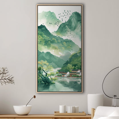 Asian Landscape watercolor with village and green mountains - Ethereal Spring Whispers