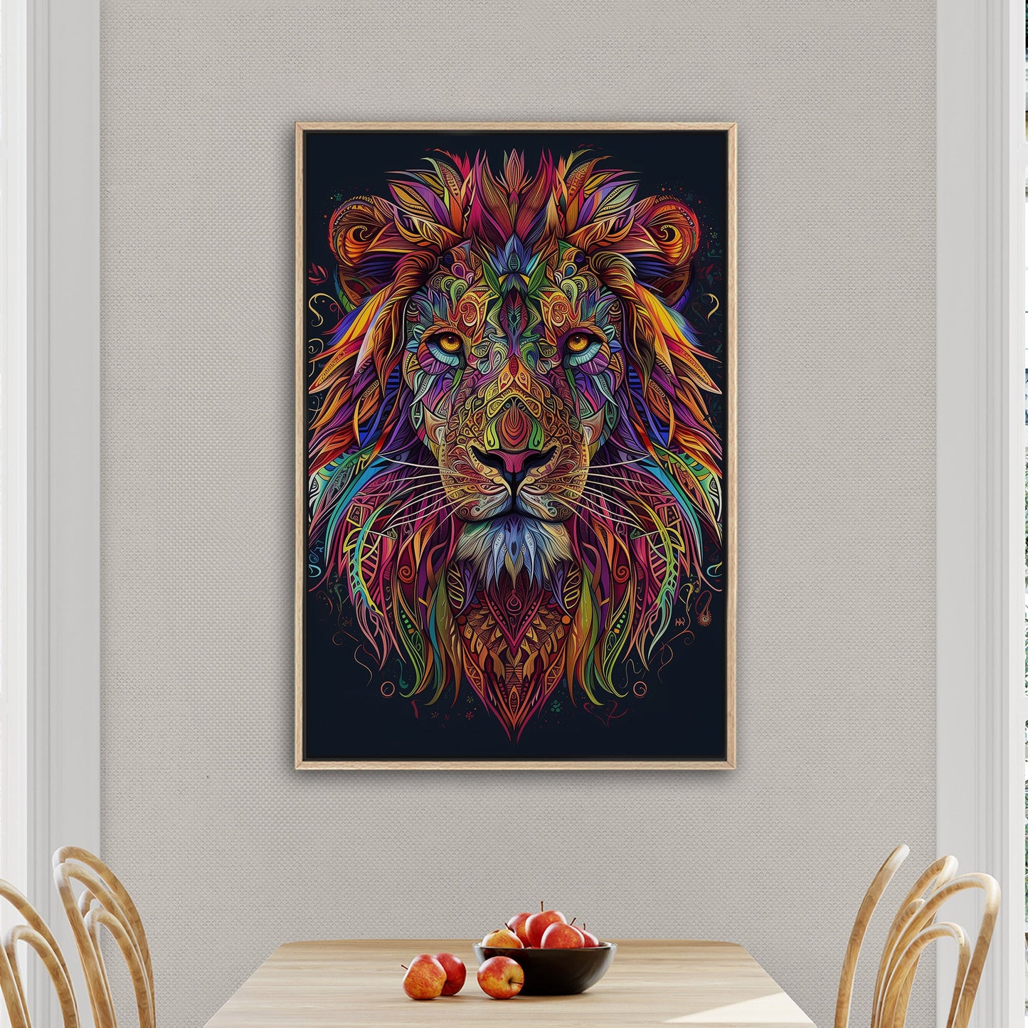 Multicolor Vibrant Digital Drawing of Majestic Lion Face - Lion's Vibrant Mandala Dance