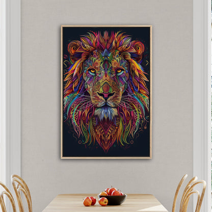 Multicolor Vibrant Digital Drawing of Majestic Lion Face - Lion's Vibrant Mandala Dance