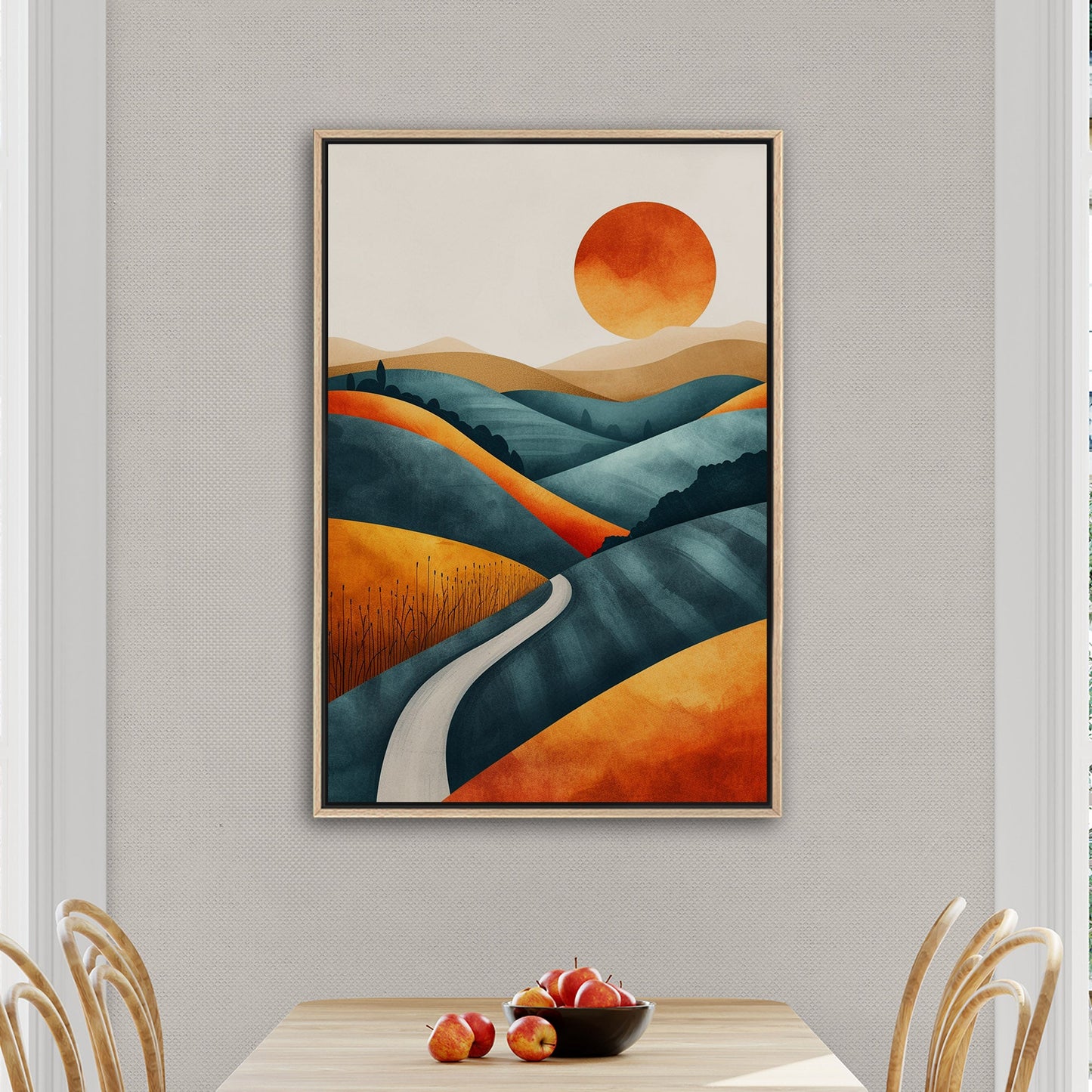 Abstract Hills at Sunset in Orange and Blue - Vivid Dreamscape: Path to Serenity