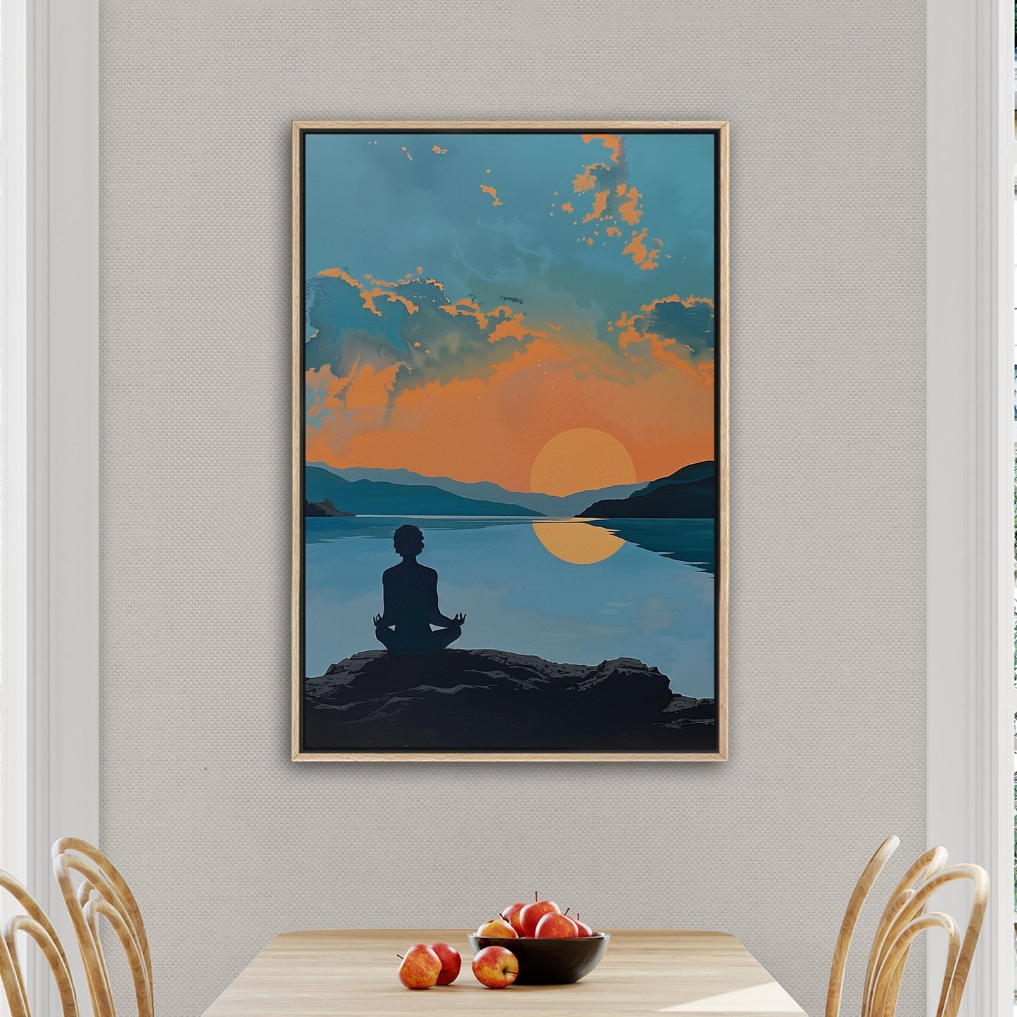 A serene landscape with a person meditating at sunrise: Transcendental Dawn Awakening