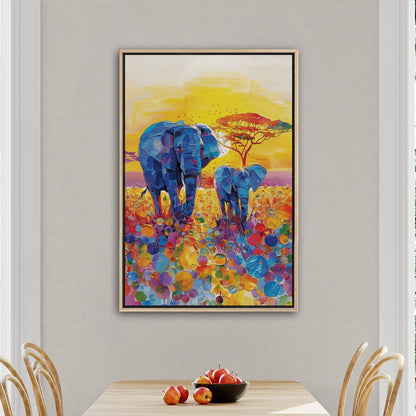 Impressionist Elephant with Child Wandering the Sahara - Elephant Bonding at Sunset