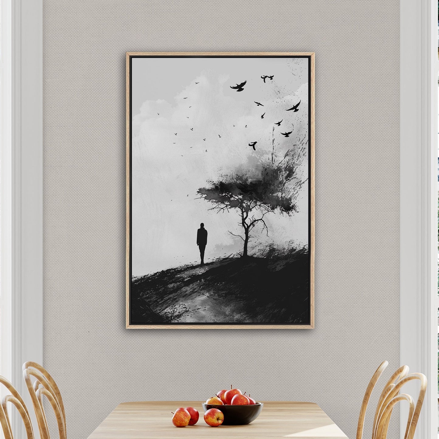 Painting of Silhouetted Man by a Tree with Blackbirds- Elegance in Monochrome