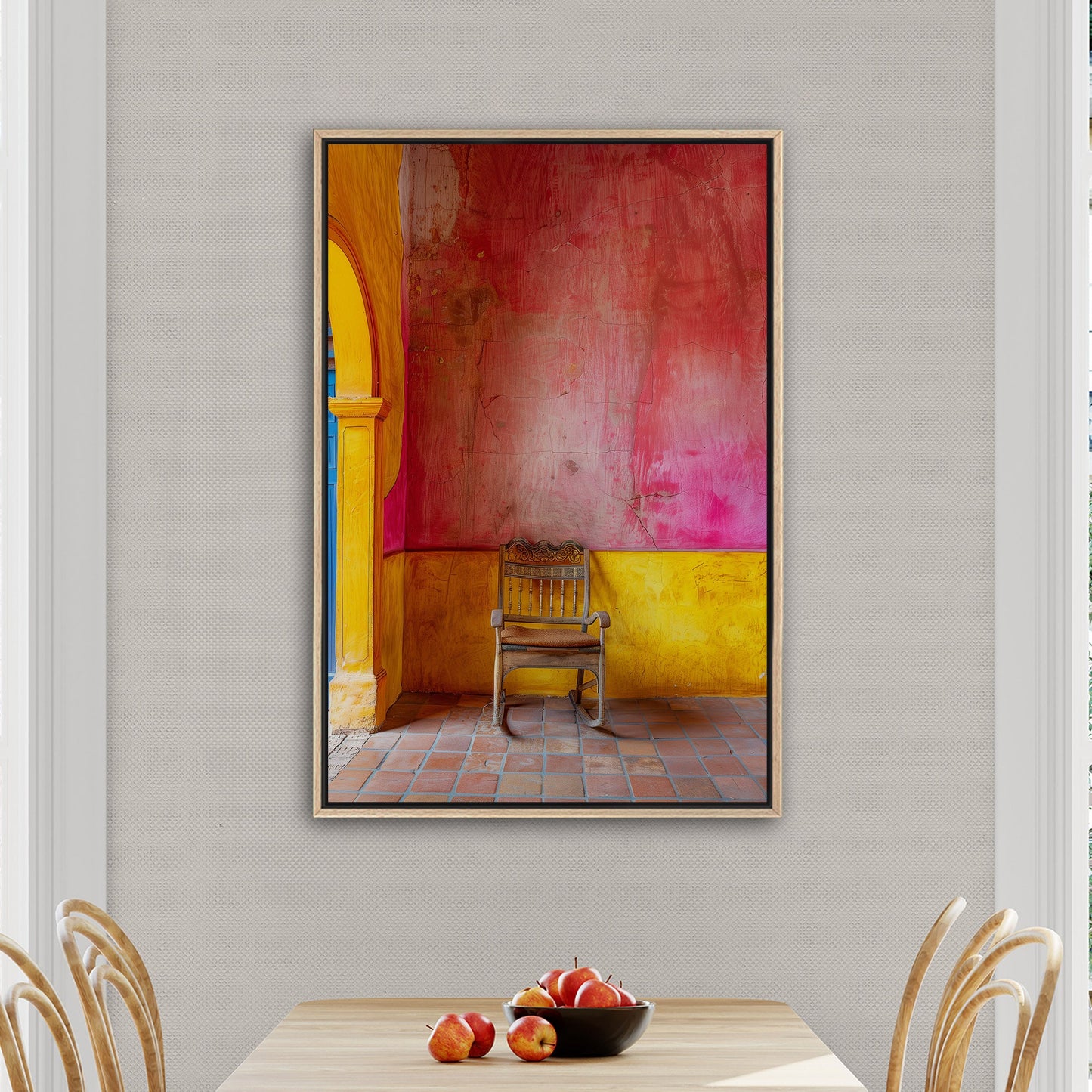 Old Wooden Chair Against a Textured Wall - Vibrant Still Life