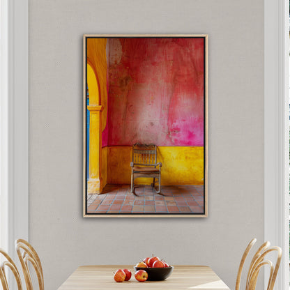 Old Wooden Chair Against a Textured Wall - Vibrant Still Life