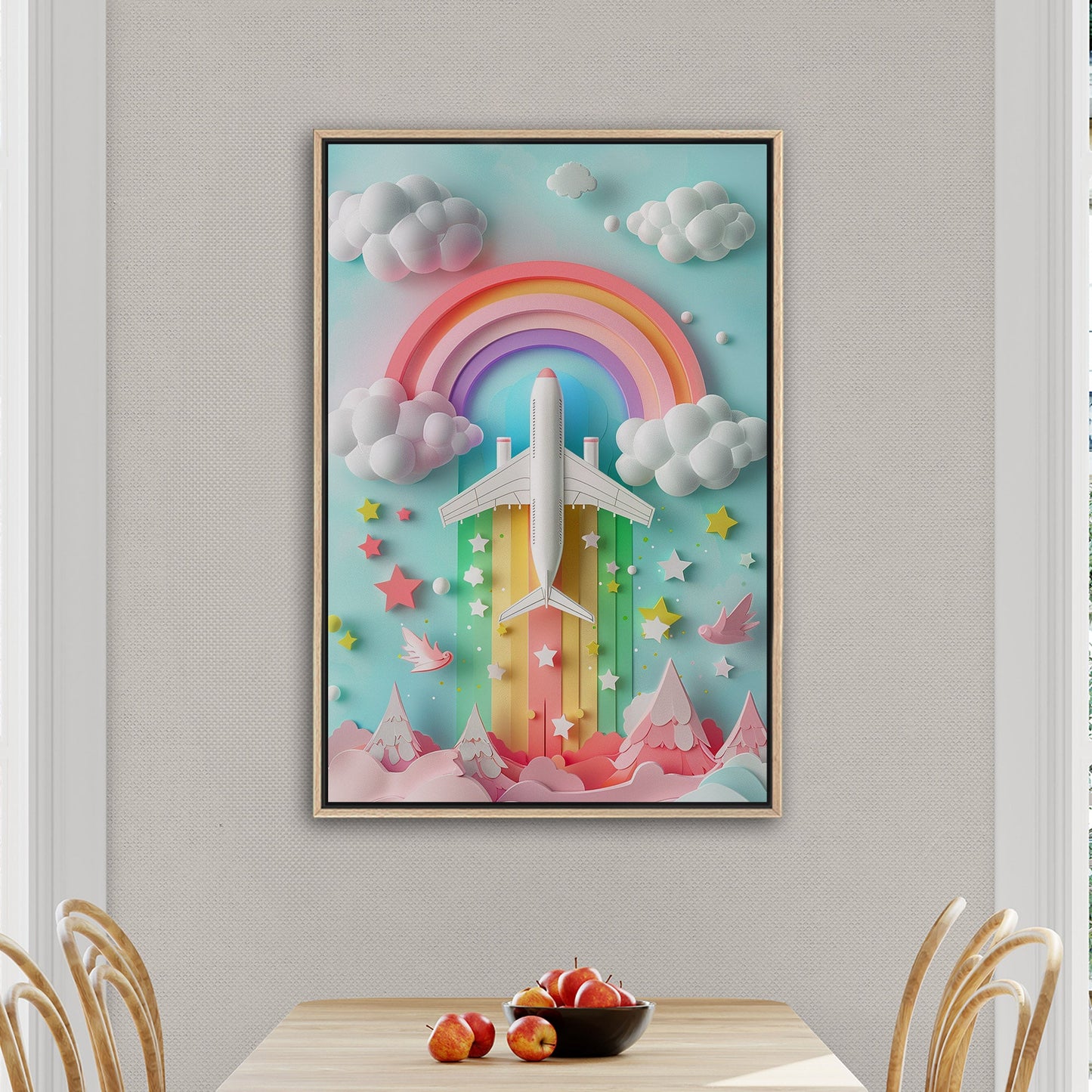 Whimsical paper-cut art featuring plane - Dreamy Rainbow Flight