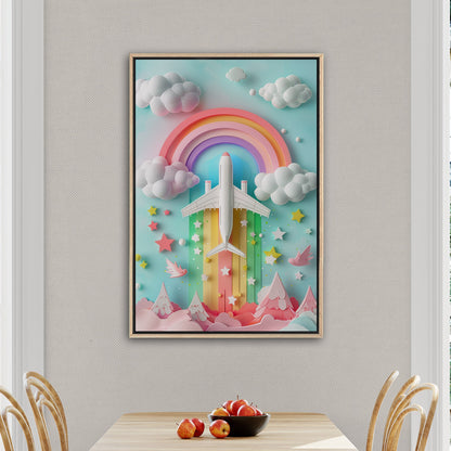 Whimsical paper-cut art featuring plane - Dreamy Rainbow Flight