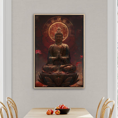 Buddha Statue in Lotus Position, Red Hues - Serene Ascension