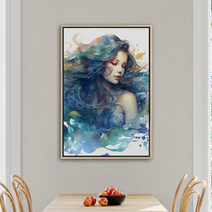 Watercolor Mermaid Portrait in Blue - Enchanting Mermaid's Mystical Underwater Dance