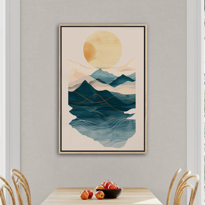 Abstract wall art featuring ocean waves, mountains, and sun - Tranquil Nature Revival