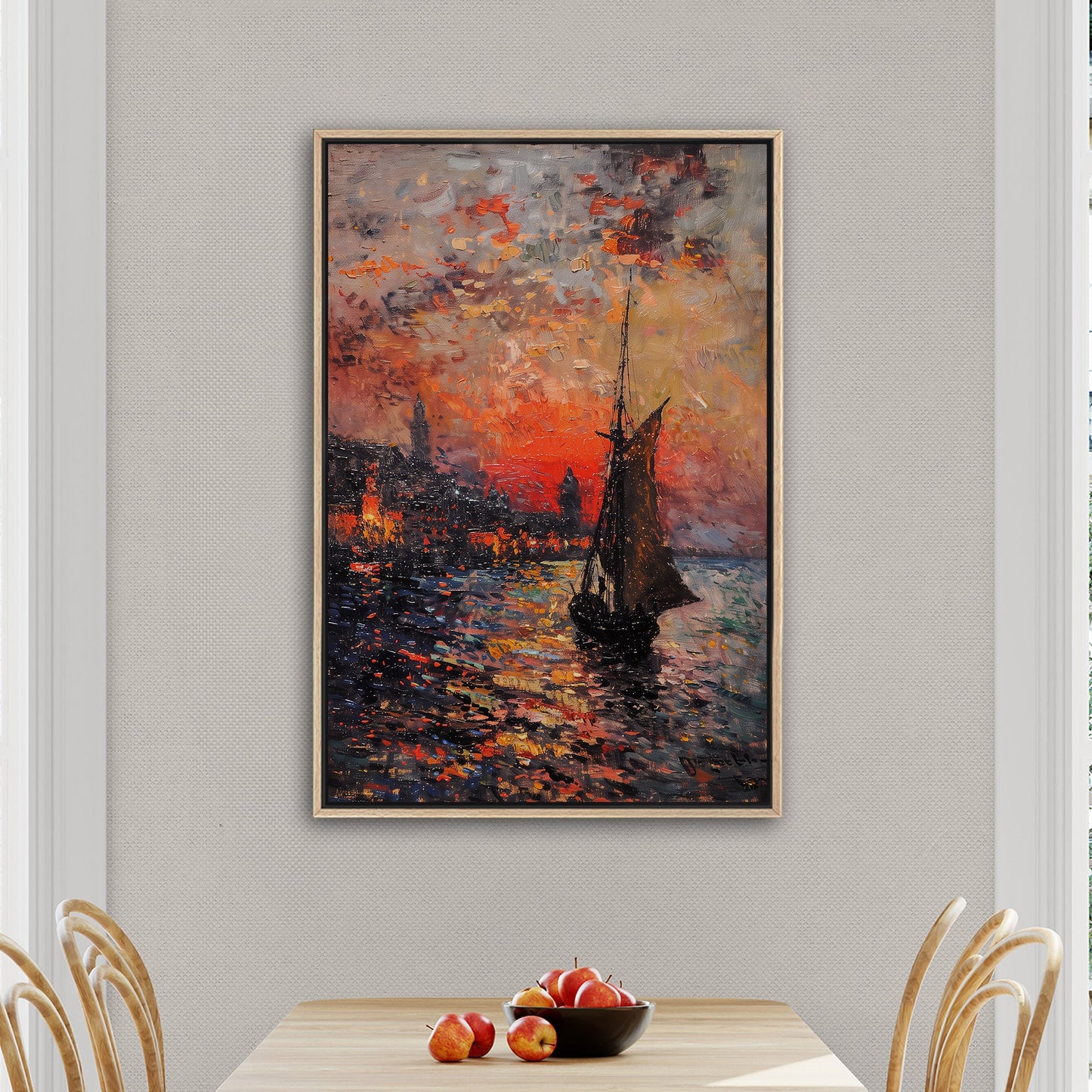 Impressionist Landscape of Sailboat Arriving at a Town - Sunset Dreams Over Lisbon Skyline Monetized