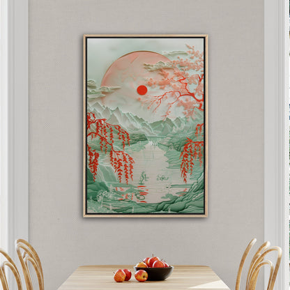 Asian Paper cut style landscape art - Ethereal Willow Dance on Crimson River