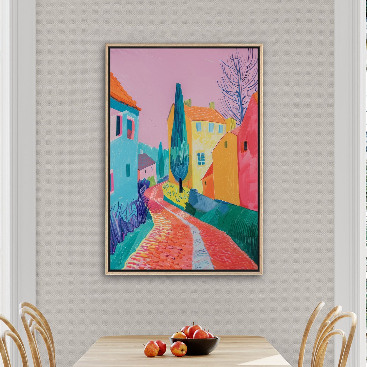 Village Street with Buildings in Vibrant Colors - Tranquil Stroll Escape