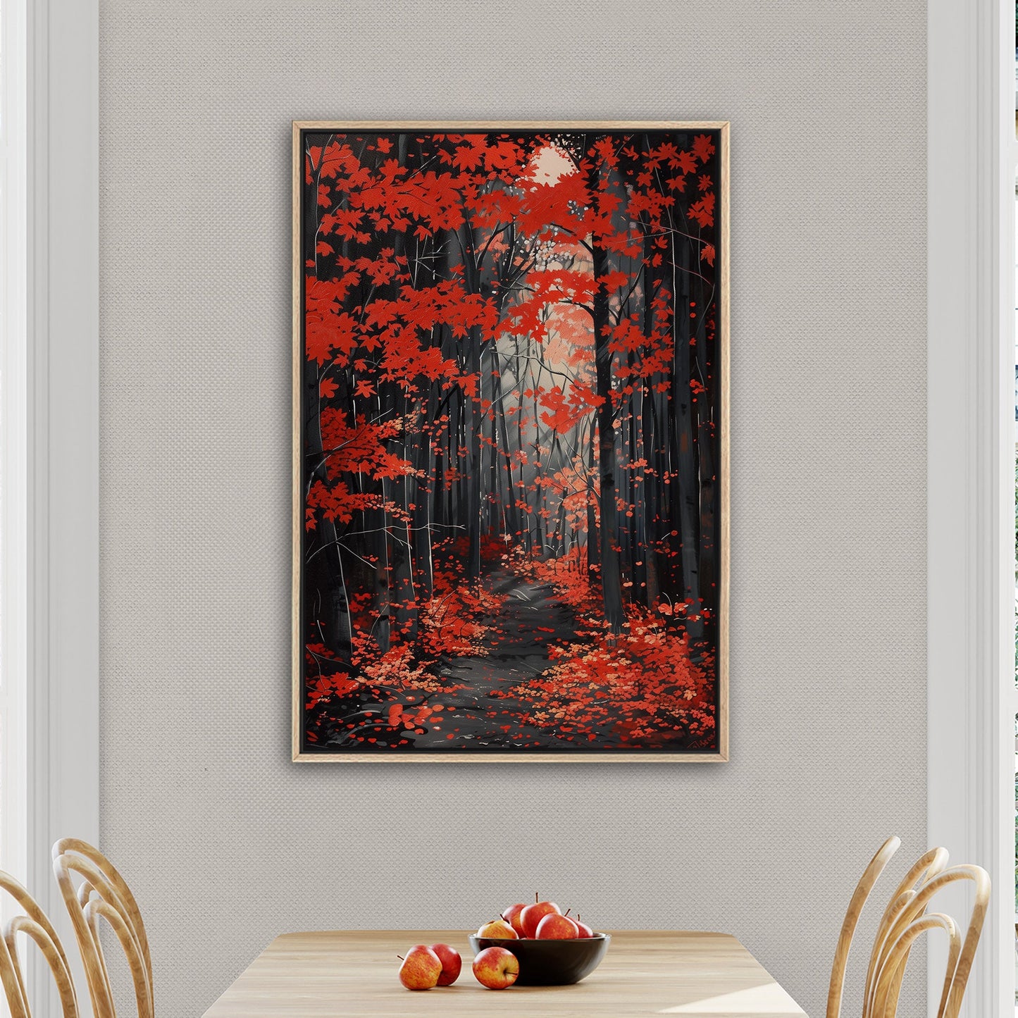 Japanese red maple grove, golden rays, handmade - Elevate Your Space