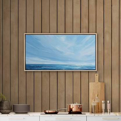 Minimalist abstract brush stroke painting of ocean and blue sky - Tranquil Seaside Serenity