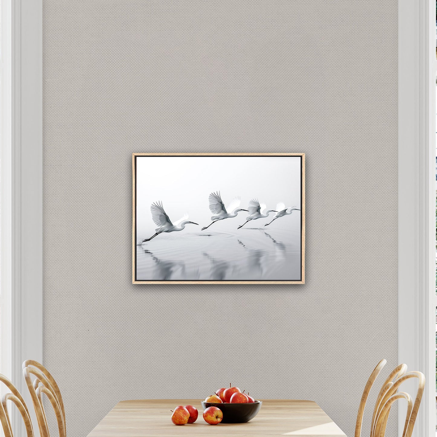 Tranquil wall art depicting elegant egrets flying over serene lake - Serene Flight