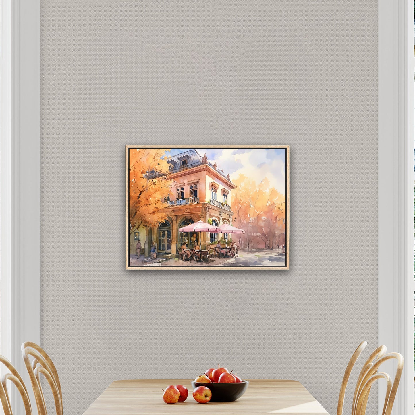 Watercolor Painting of a Cozy Autumn Café in the Style of Tim Hildebrandt - Autumn Café